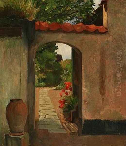 Blooming Tulips At A Garden Wall Oil Painting by Eiler (Carl) Sorensen