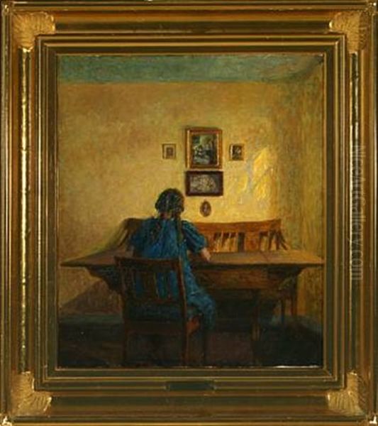 Interior With A Girl Seated At A Table by Eiler (Carl) Sorensen