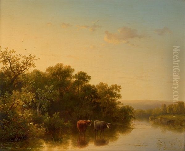 Abendliche Flusslandschaft Mit Kuhen Oil Painting by Jacobus Loerenz Sorensen