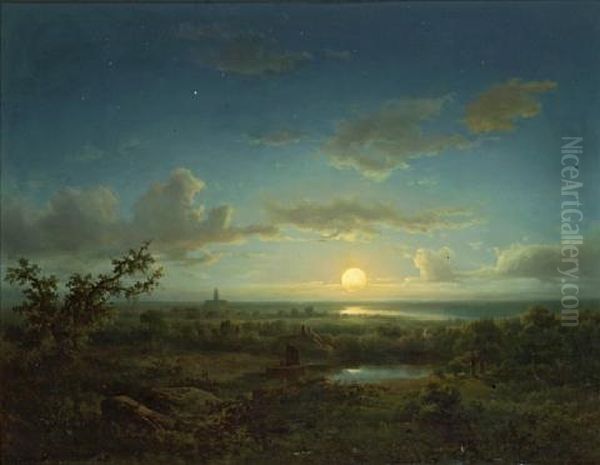 A Moonlit Landscape With A Church In The Distance Oil Painting by Jacobus Loerenz Sorensen