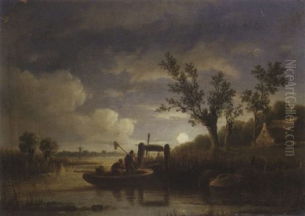 Fishermen At Work By Moonlight Oil Painting by Jacobus Loerenz Sorensen