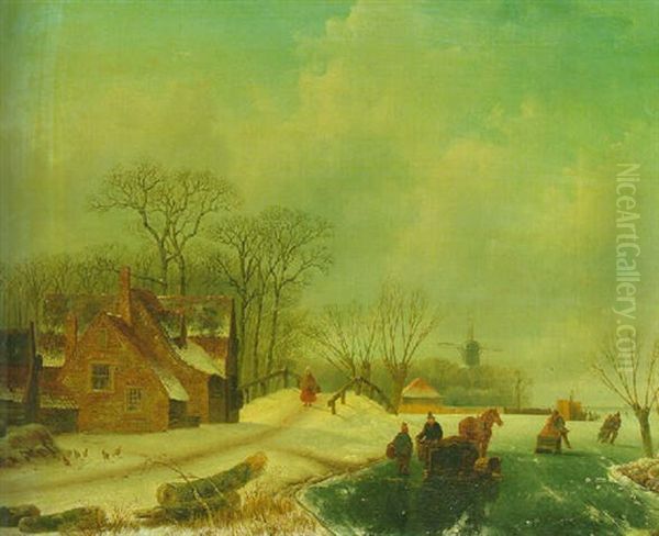 A Winter Landscape With Figures On A Frozen Waterway With A Koek En Zopie Beyond Oil Painting by Jacobus Loerenz Sorensen