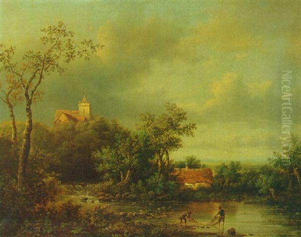 A Wooded Landscape With Fishermen Inspecting Their Nets On The Bank Of A Creek, A Castle Beyond Oil Painting by Jacobus Loerenz Sorensen