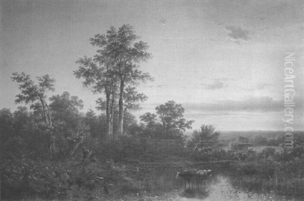 Sunset Landscape With Cattle Watering Oil Painting by Jacobus Loerenz Sorensen