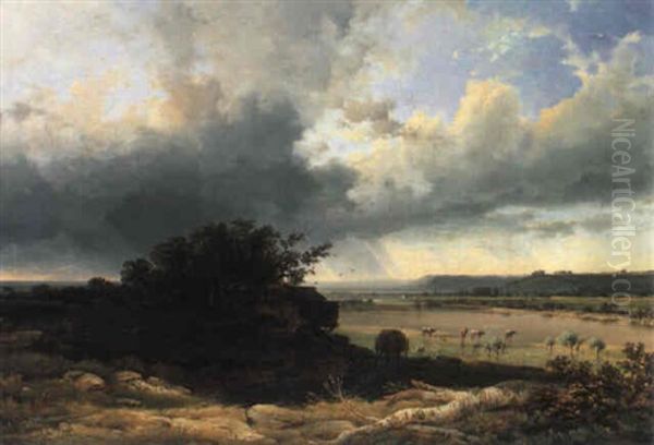 Romantische Flusslandschaft Bei Aufziehendem Gewitter Oil Painting by Jacobus Loerenz Sorensen