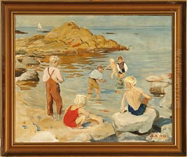 Children At The Beach Oil Painting by Soren Sorensen