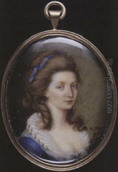 A Lady Wearing Blue Dress, White Lace Collar, A White Bow At Her Corsage, A Matching Blue Ribbon In Her Brown Hair Oil Painting by Nicolas Soret