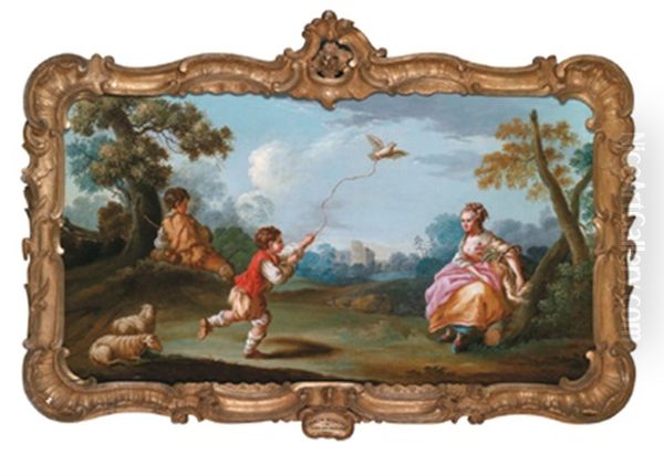 Kinder Mit Ihrer Mutter Beim Spiel Mit Einem Angeleinten Vogel Oil Painting by Johann Jacob Sorg