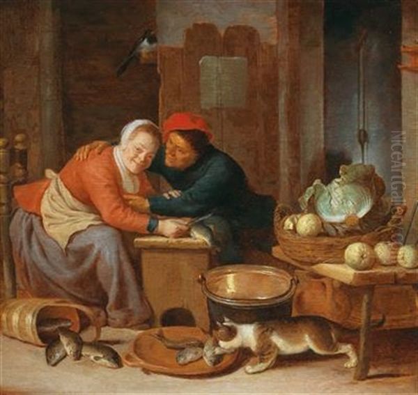 A Peasant Couple Cleaning Fish Oil Painting by Hendrick Martensz Sorgh