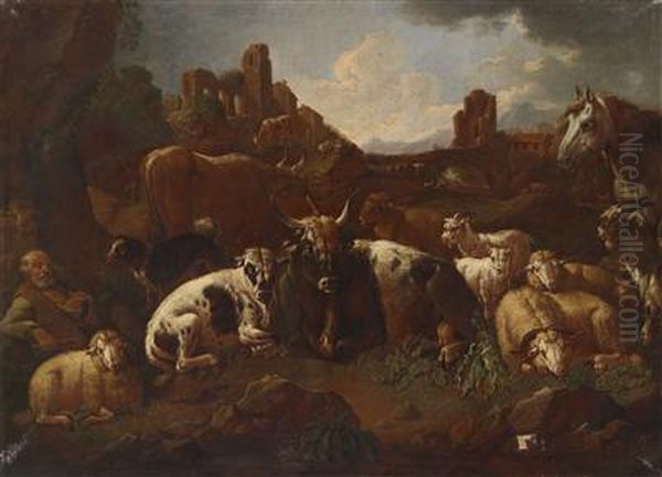 Two Southern Landscapes With Shepherds And Their Flocks Oil Painting by Domenico Brandi