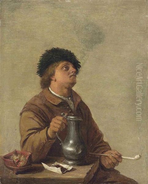 A Man Seated At A Table, Smoking A Pipe And Drinking From A Stein Oil Painting by Hendrick Martensz Sorgh