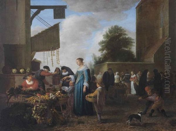 A Busy Market With An Elegant Lady Purchasing Vegetables At A Stall Oil Painting by Hendrick Martensz Sorgh