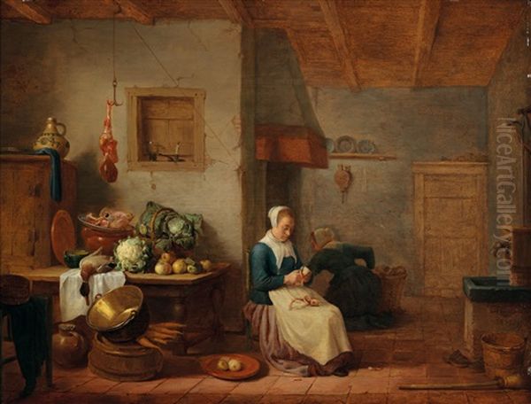 A Kitchen Interior With Two Maids Oil Painting by Hendrick Martensz Sorgh