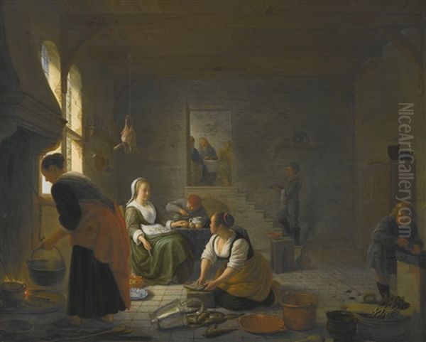 A Kitchen Interior With Christ At Emmaus Oil Painting by Hendrick Martensz Sorgh