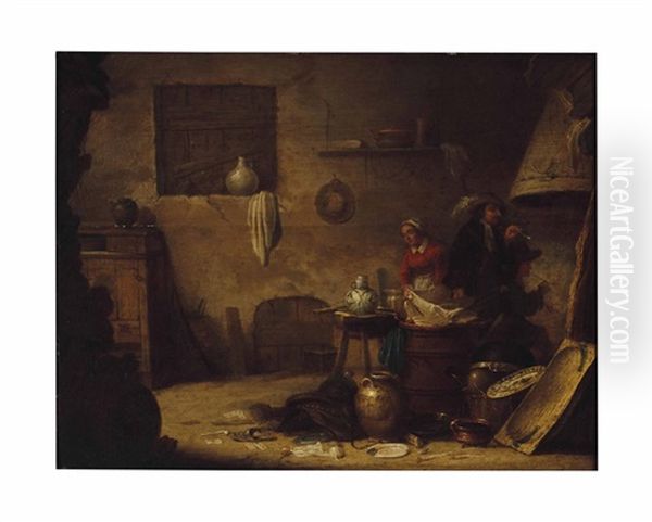 An Interior With Two Men Smoking By The Fire And A Washerwoman Oil Painting by Hendrick Martensz Sorgh