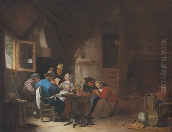 An Interior With Peasants Seated Around A Table Playing Cards Oil Painting by Hendrick Martensz Sorgh