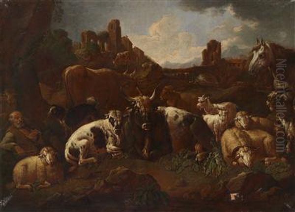 Two Southern Landscapes With Shepherds Andtheir Flocks Oil Painting by Domenico Brandi