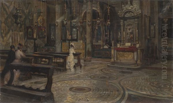 Interno Di Chiesa Con Figure In Preghiera Oil Painting by Luigi Sorio