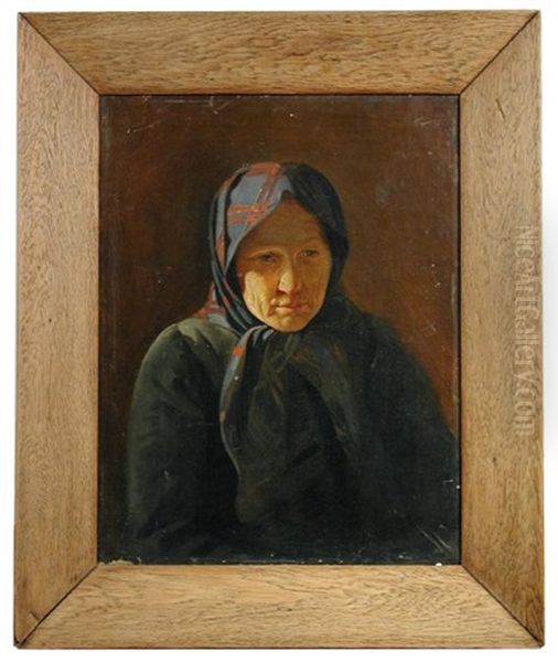 Portrait Of A Peasant Woman In A Checked Headscarf Oil Painting by Evgraf Semenovich Sorokin