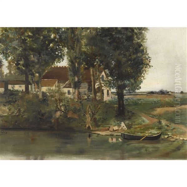 Uferpartie Mit Ruderboot Und Bauernhof Oil Painting by Julien Louis Sortais