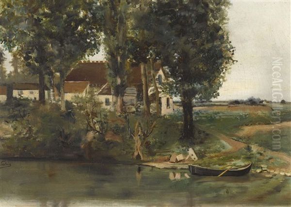 Uferpartie Mit Ruderboot Und Bauernhof Oil Painting by Julien Louis Sortais