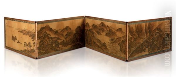 A Four Panel Folding Screen Depicting A Landscape Oil Painting by Chosui Soryo