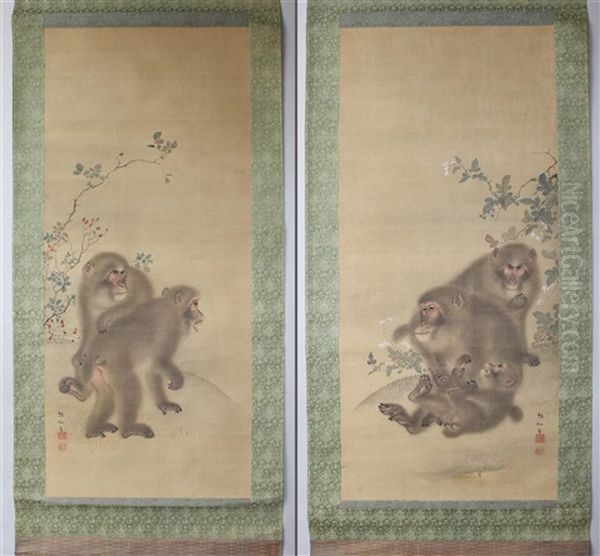 Monkey Paintings (pair) Oil Painting by  Sosen