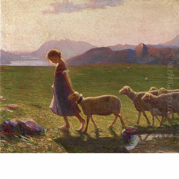 End Of The Day (pastorella Con Pecore) Oil Painting by Giovanni Sottocornola