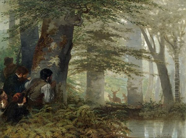 Waldlandschaft Mit Jagern Und Einem Hirschrudel Oil Painting by Charles Soubre