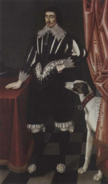 Portrait Of George Villiers, Duke Of Buckingham, In A Black Slashed Doublet And Hose, His Right Hand Resting On A Table, A Dog At His Side, In An Interior Oil Painting by John Souch