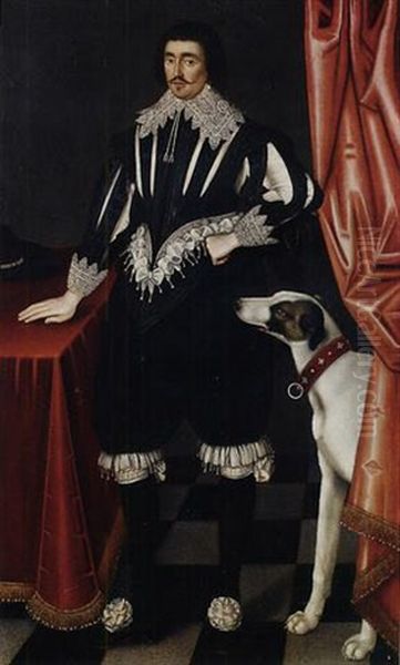 Portrait Of A Gentleman, (george Villiers, Duke Of Buckingham?), In A Black Slashed Doublet And Hose, With Lace Collar And Cuffs, His Right Hand Resting On A Table Oil Painting by John Souch