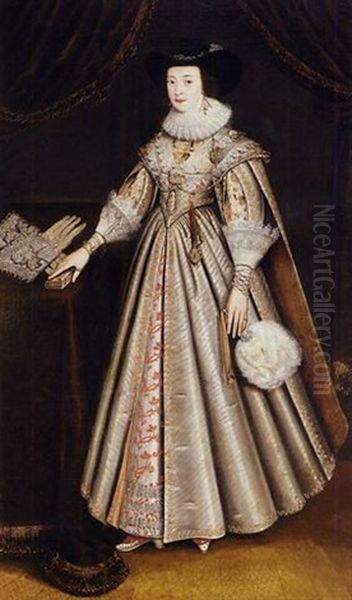 Portrait Of Lady Lawley, Wife Of Sir Thomas Lawley, In A Richly Embroidered White Dress And Black Hat, With A Timepiece Hanging From Her Waist, Holding A Fan In Her Left Hand Oil Painting by John Souch