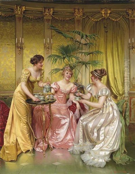 Afternoon Tea For Three Oil Painting by Charles Soulacroix