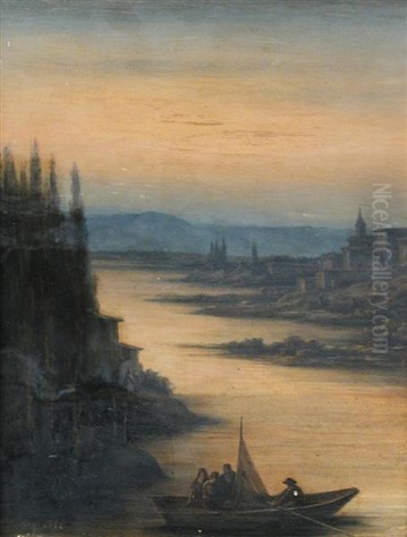 Rowers On The Rhine, A Town Beyond Oil Painting by Claude Soulary