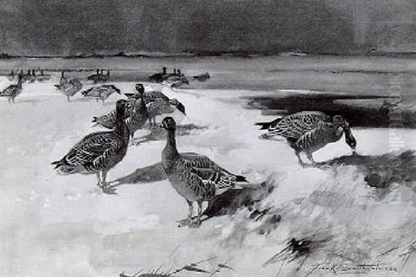 Geese At The Water's Edge Oil Painting by Frank Southgate