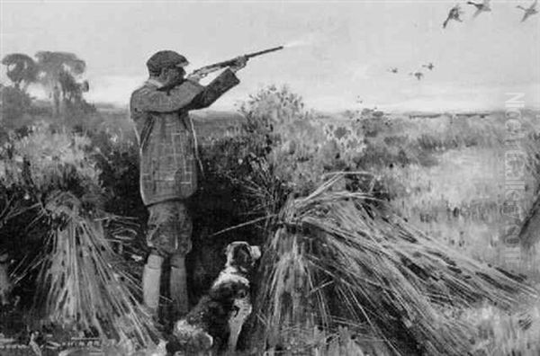 Duck-shooting Over A Field Of Stubble Oil Painting by Frank Southgate