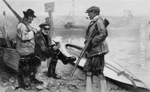 Sportsmen Conversing By A Wildfowler's Punt Oil Painting by Frank Southgate