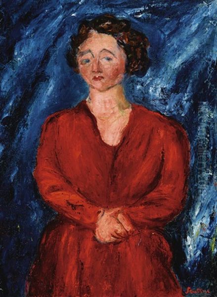 La Femme En Rouge Au Fond Bleu Oil Painting by Chaim Soutine