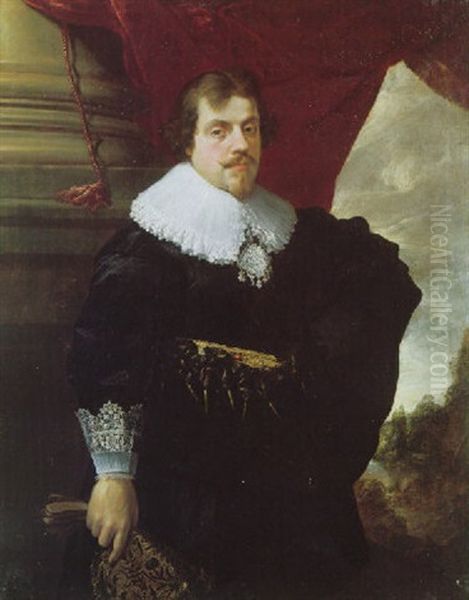 Portrait Of A Gentleman Wearing Black With A White Lace Colar And Cuffs, Holding A Pair Of Embroidered Gloves Oil Painting by Pieter Claesz Soutman