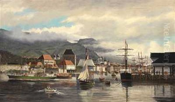 Bergen Havn Sett Fra Sjosiden Oil Painting by Theodor Sovig