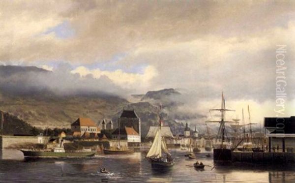 Bergen Sett Fra Sjosiden Oil Painting by Theodor Sovig