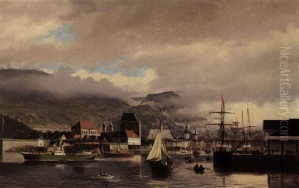 Bergen Sett Fra Sjosiden Oil Painting by Theodor Sovig