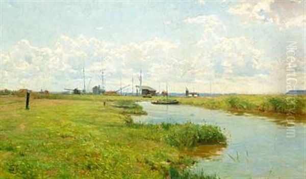 Landscape With A Stream And Ship's Masts In The Background, Summer Oil Painting by Carl Martin Soya-Jensen