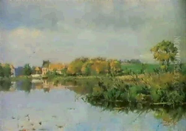 A French River Landscape Oil Painting by Johanne Elise Soya-Jensen