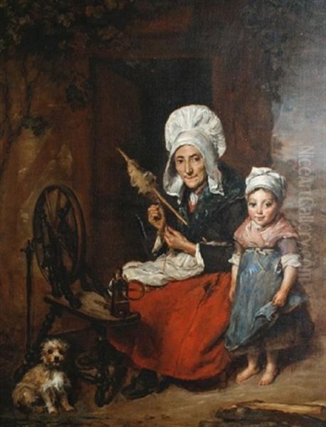 The Grandmother At Her Spinning Wheel Oil Painting by Elizabeth Emma Soyer