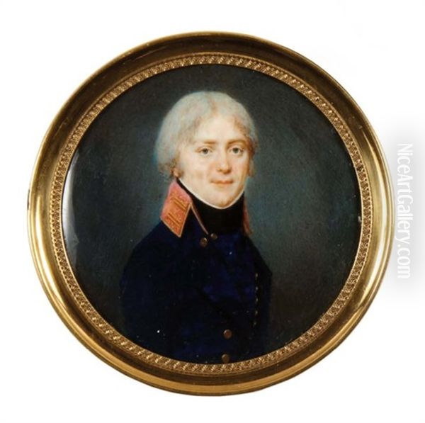 Portrait D'homme En Redingote Bleue A Haut-col Rouge Rebrode D'or Oil Painting by Jean Baptiste Soyer