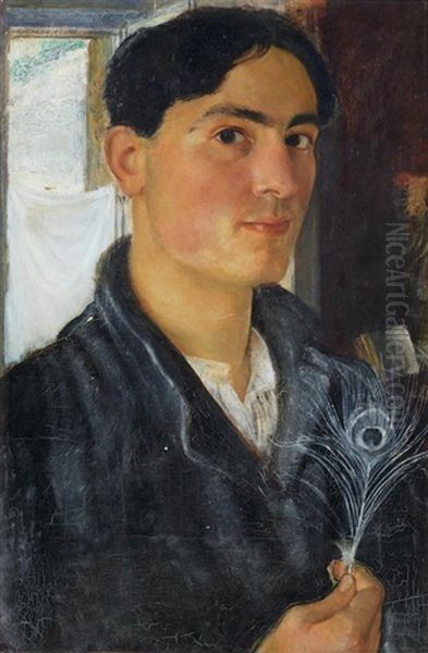 Self-portrait Holding A Peacock Feather Oil Painting by Armando Spadini