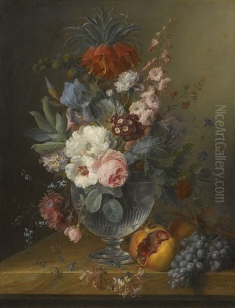 Still Life Of Flowers In A Glass Vase With Honeysuckle, Pomegranates And Grapes, All On A Marble Ledge Oil Painting by Cornelis van Spaendonck