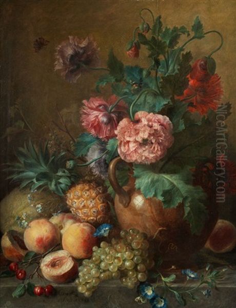 Groses Stillleben Mit Gefullten Mohnblumen In Einer Tonvase Neben Fruchten Oil Painting by Cornelis van Spaendonck