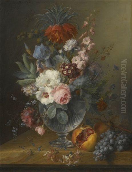 Still Life Of Flowers In A Glass Vase With Honeysuckle, Pomegranates And Grapes, All On A Marble Ledge Oil Painting by Cornelis van Spaendonck